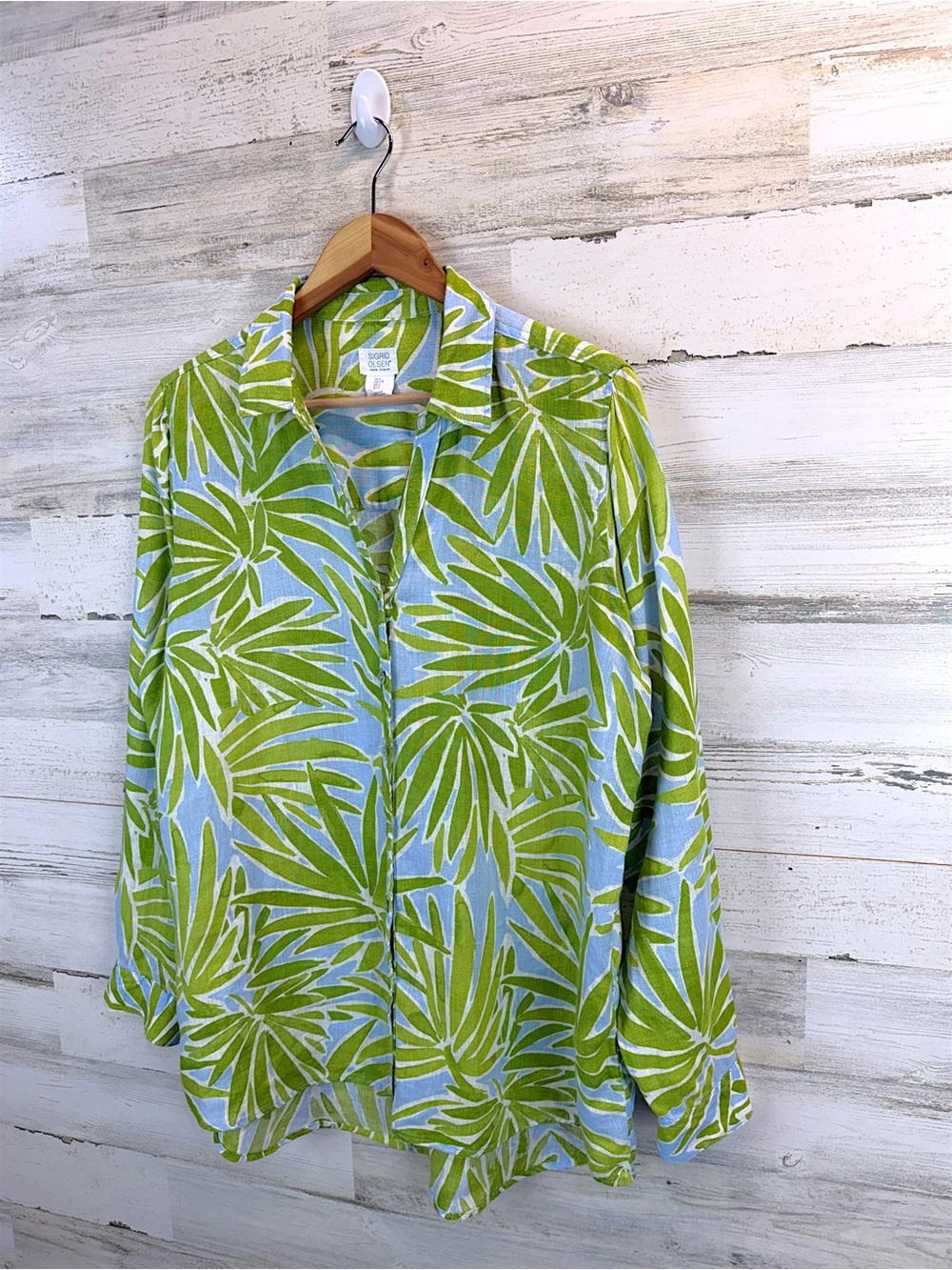 Sigrid Olsen 100% Linen Tropical Palm Print Button Front Shirt Large - Picture 3 of 12